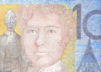 Jenna Lash, No Foe Shall Gather Our Harvest (Australian 10 Dollar Note), Acrylic on canvas, 60"x48", $5,500