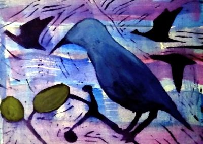 Meryl Shapiro, Birds, Linocut print on paper, watercolor, 6"x8", $300