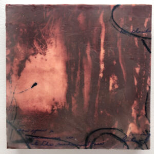 Christine Aaron, Red Secret, Paper lithography,encaustic on panel, 8"x8",$175
