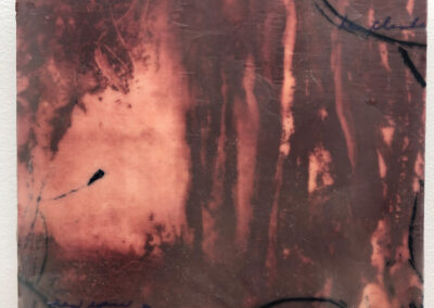 Christine Aaron, Red Secret, Paper lithography,encaustic on panel, 8"x8",$175