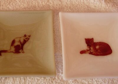 Mitchell Visoky, Cat Plates, Fused glass with decals, 5"x5", $30 each