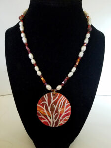 Leslie Hardie, Pearl and crystal necklace with painted wood pendant 18" - 20", $150
