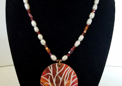 Leslie Hardie, Pearl and crystal necklace with painted wood pendant 18" - 20", $150