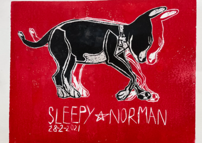 FASNY, Erika Hibbert, Jonah Mayral Boyle, A Bull's Life, Linocut Print (Triptych), 7"x19"