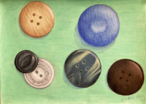 MRHS, Teresa Pereira, Lia Porco, Buttons, Colored Pencil on Paper, 14"x10"
