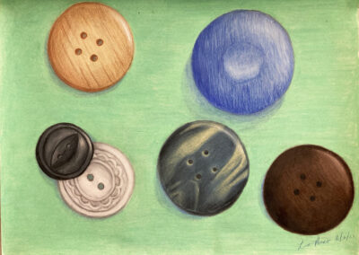 MRHS, Teresa Pereira, Lia Porco, Buttons, Colored Pencil on Paper, 14"x10"