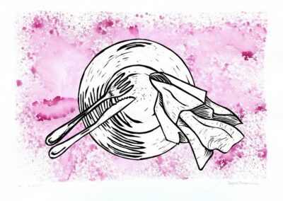 FASNY, Erika Hibbert, Sophie Manzanares, Dinner Time, Linocut print, 18"x24"