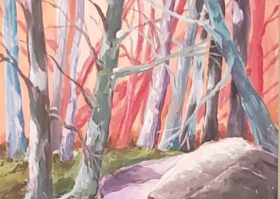 Laura Heiss, Forest Sunset, Acrylic on Board, 9"x12",$175
