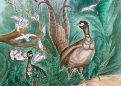 Inge Pape Trampler, # 2511 Lyrebirds, Acrylic Wash, 18”x 24”, $925