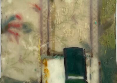 Kitty OCallaghan, Chair at a Window, Encaustic, paper, and oil stick, 7"x5" x1/4", $120