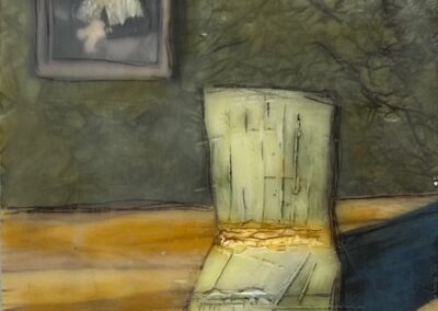 Kitty OCallaghan, Chair and Portrait, Encaustic, paper, and oil stick, 7"x5"x1 /4", $120