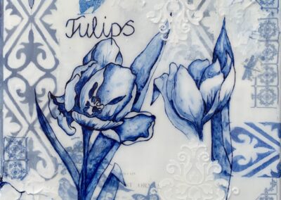 Lisette Overweel, Tulips in Blue II, mixed acrylics on canvas, 14"x14", $600
