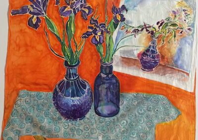 Berenice Pliskin, Irises In Blue Bottles, Dyes on Silk fabric, 29"x30", $1,800